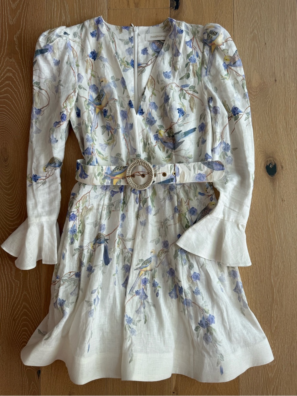 Zimmermann White Linen Floral & Bird Mini Dress with Belt